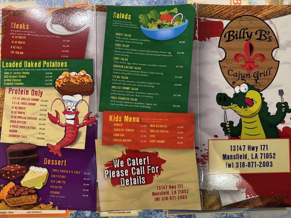 Printed menu page for Cajun restaurant dishes.