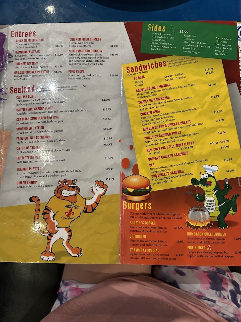 Restaurant menu with Southern food selections.