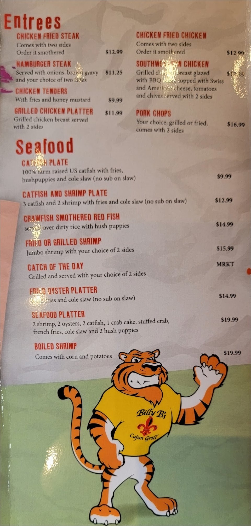 Menu layout showing Cajun and American choices.