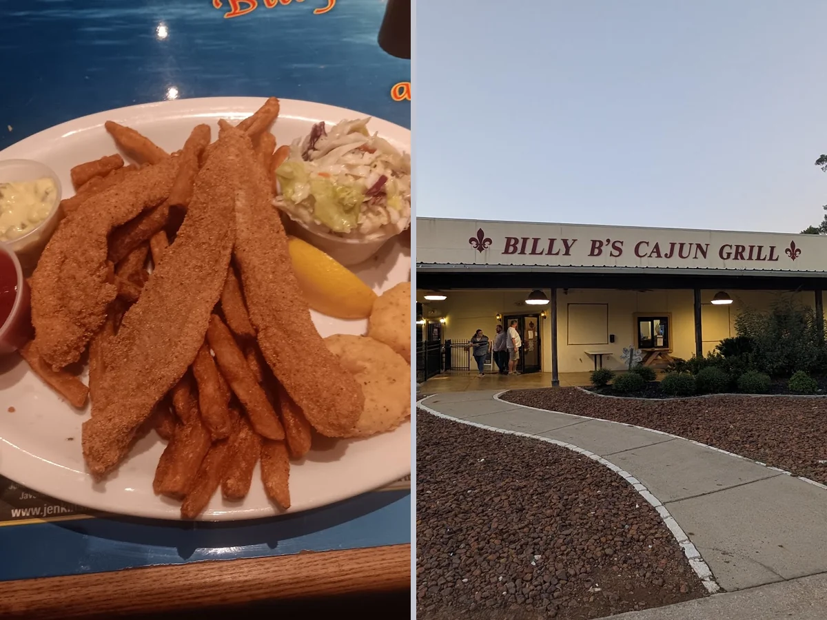 Warm dining room with Cajun restaurant food.
