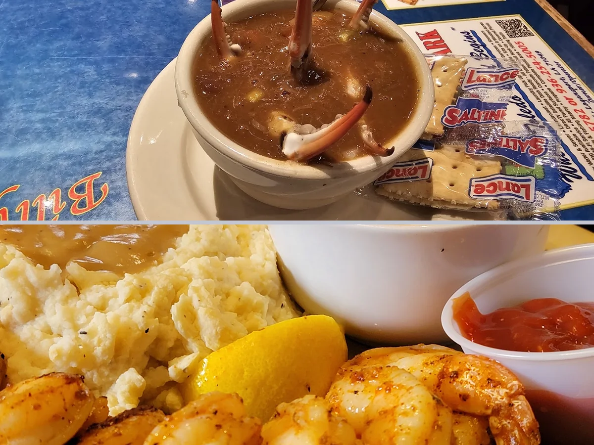Close-up of hearty American and Cajun plates.