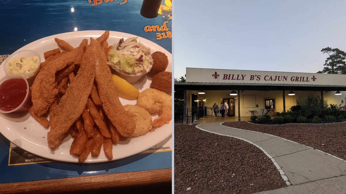 Cajun dishes plated in a casual restaurant setting.