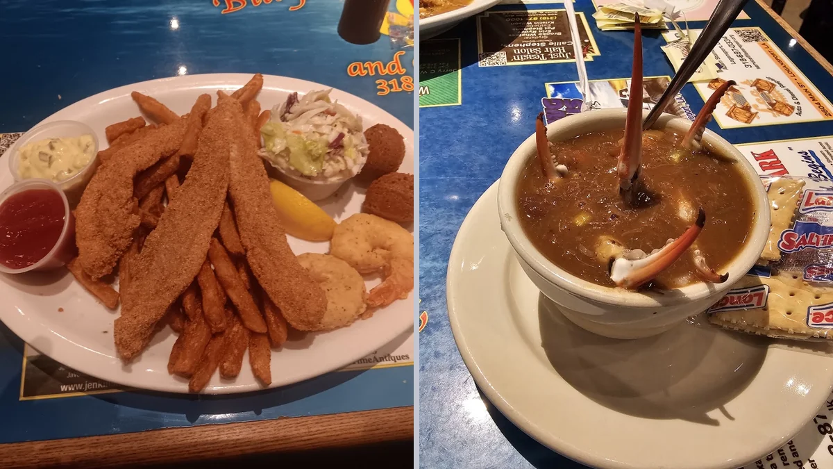 Warm dining room with Cajun restaurant food.