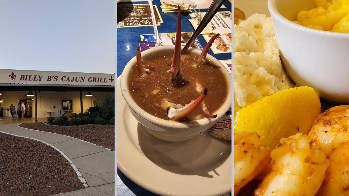Warm dining room with Cajun restaurant food.