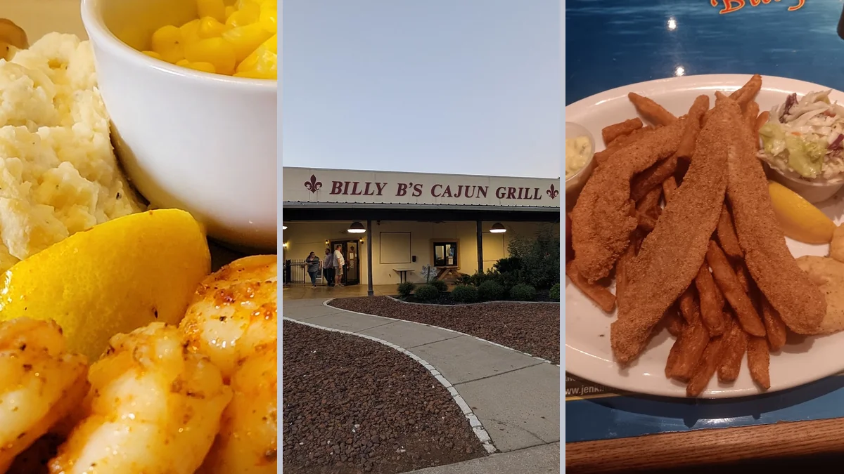 Cajun dishes plated in a casual restaurant setting.