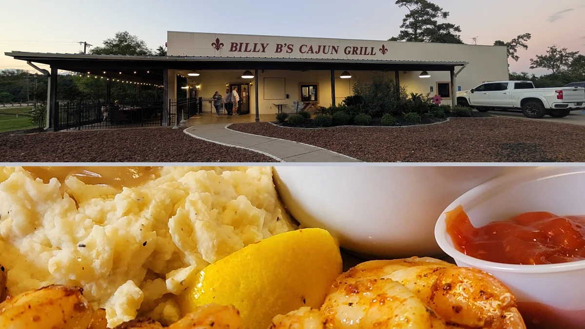 Warm dining room with Cajun restaurant food.