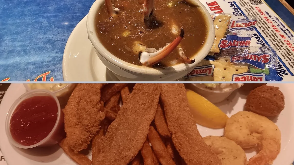 Close-up of hearty American and Cajun plates.