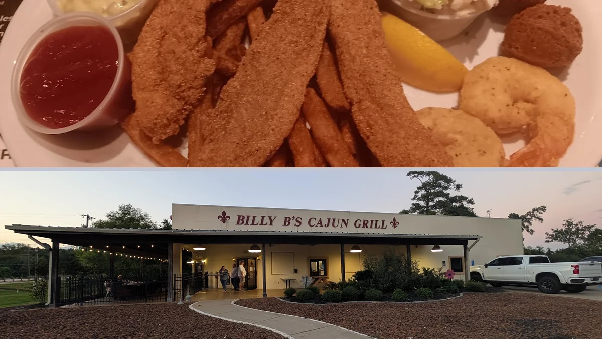Cajun dishes plated in a casual restaurant setting.